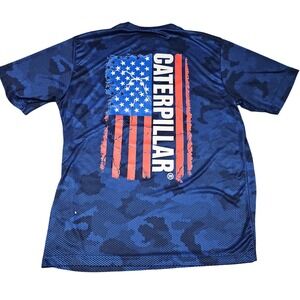 Caterpillar Active Tee L Blue Camo USA Flag Graphic Performance‎ Workwear